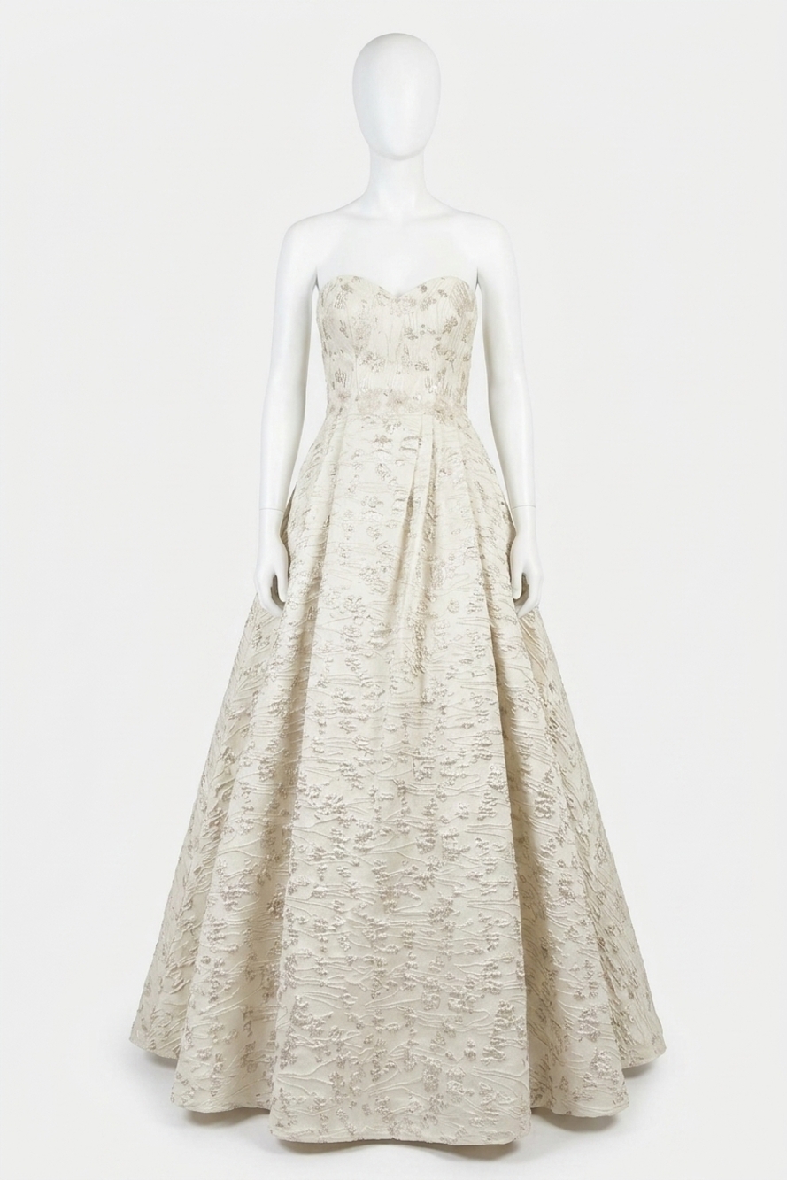 NEW RACHEL ALLAN floral brocade strapless ballgown in white/silver
